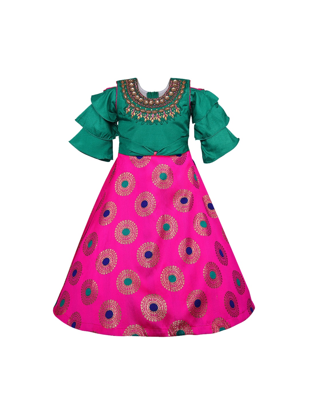 

Wish Karo Girls Pink & Green Ethnic Motifs Woven Design Gown Dress with Tie-Ups