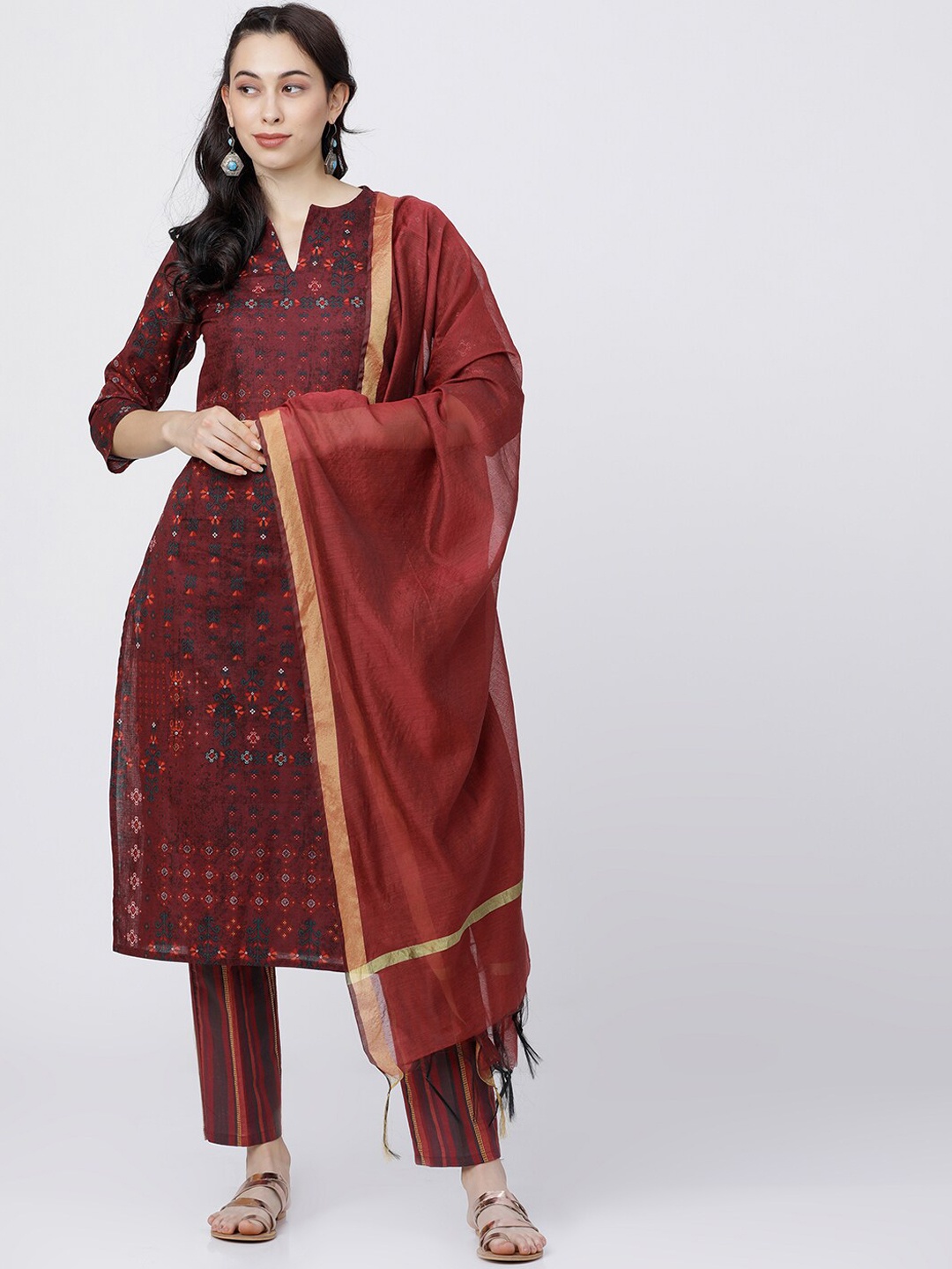 Vishudh Women Maroon Printed Kurta with Trousers & Dupatta