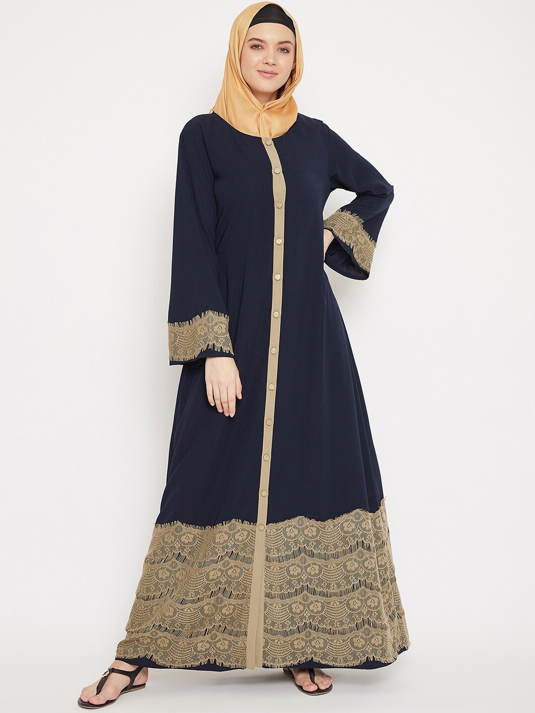 

MOMIN LIBAS Women Navy Blue & Beige Front Open Abaya Burqa With Lace work