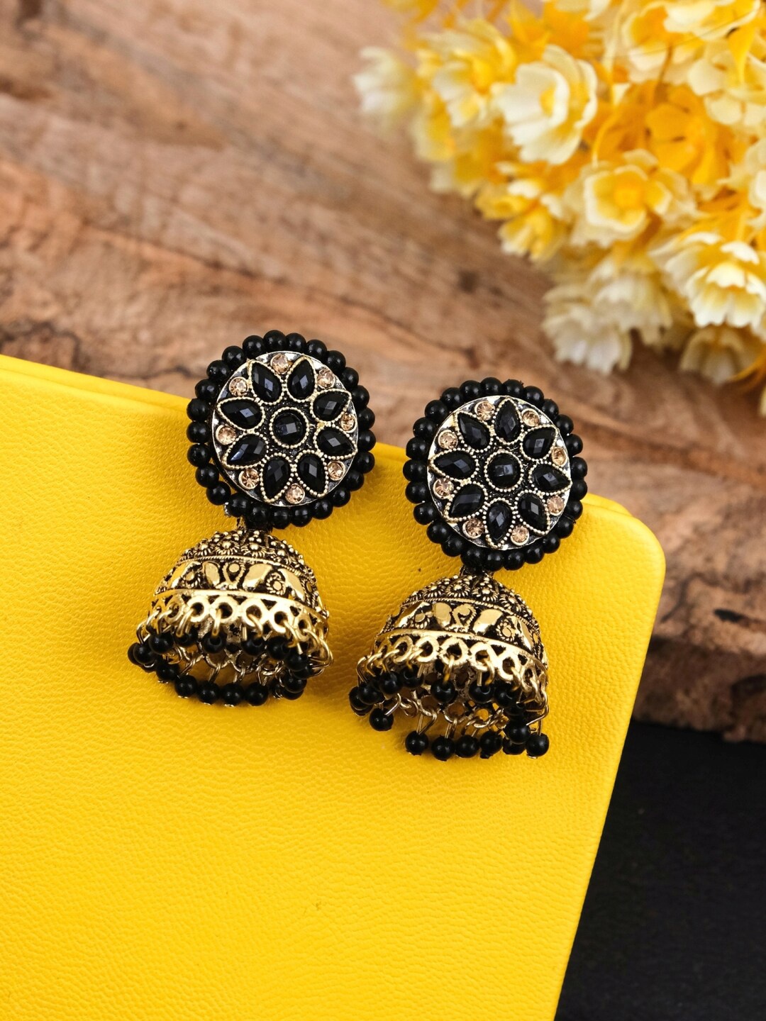 

Crunchy Fashion Black Gold-Plated Stone Studded & Beaded Dome Shaped Jhumkas