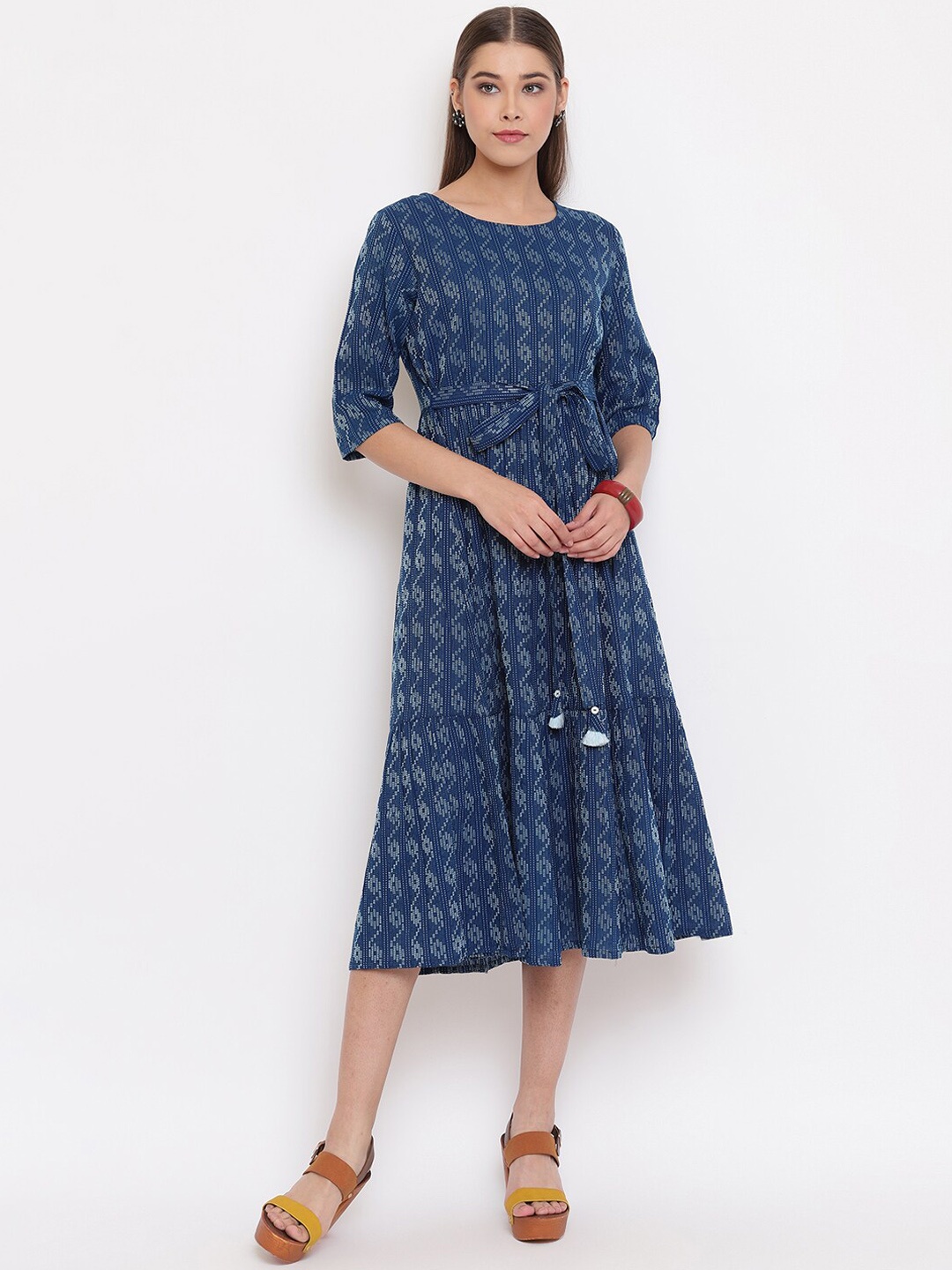 

Janasya Women Geometric Print Tie-Ups Midi Tiered Dress, Blue