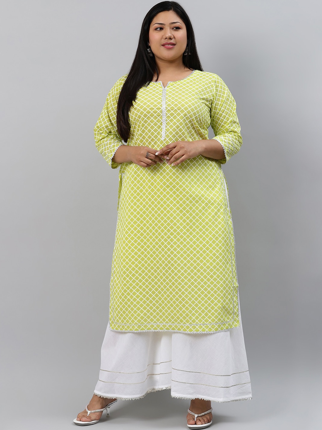 

EXTRA LOVE BY LIBAS Women Plus Size Green Checked Kurta