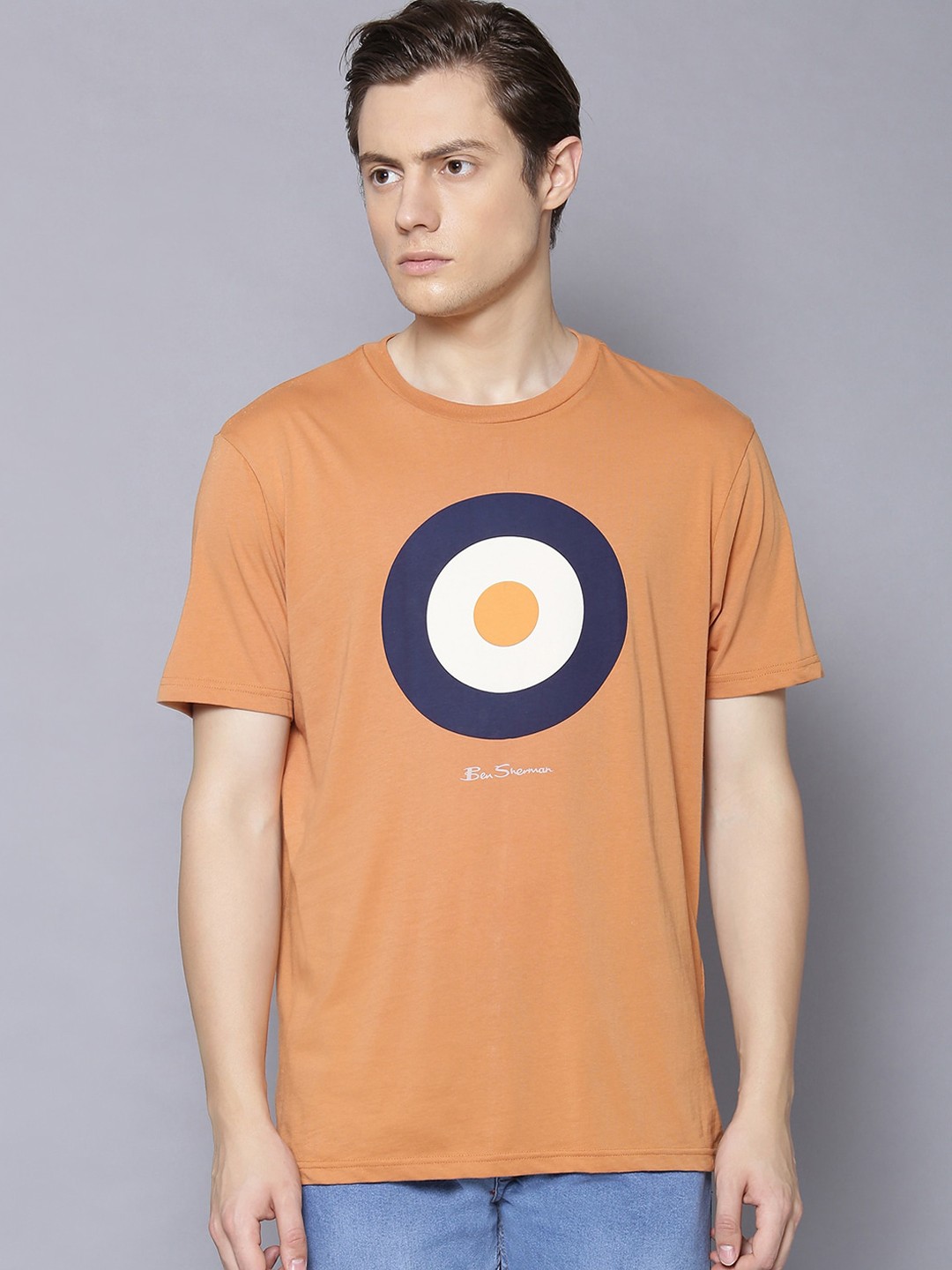 

BEN SHERMAN Men Orange Bulls Eye Print Organic Cotton Round Neck T-shirt