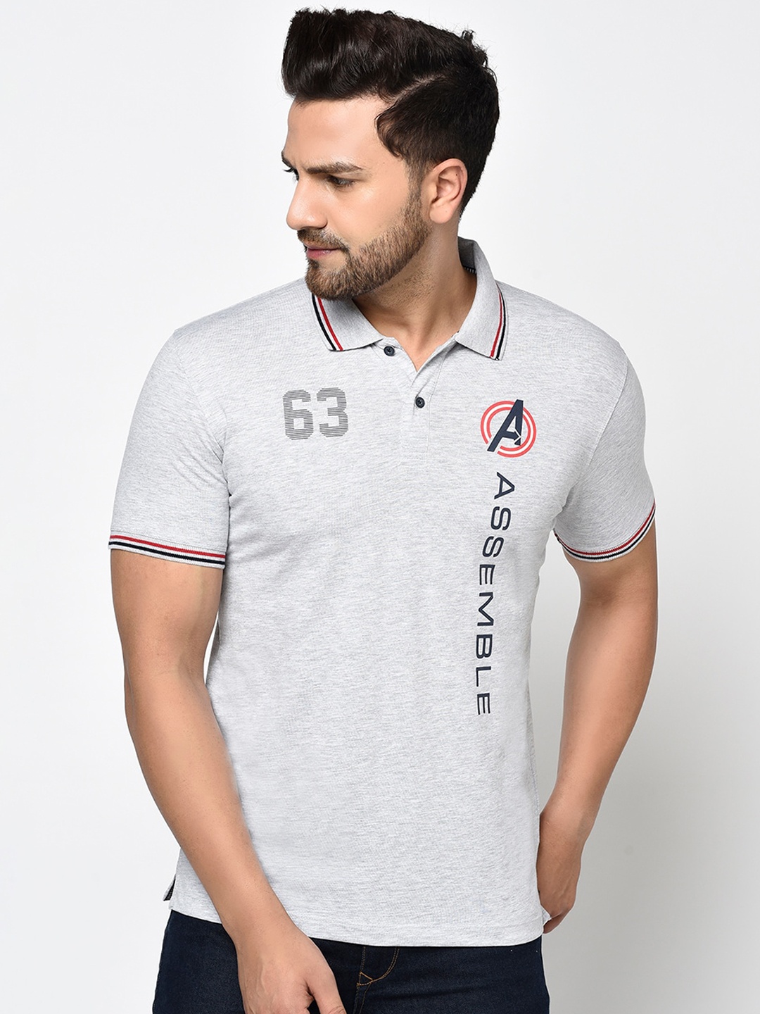Octave Men Grey Melange Solid Polo Collar T-shirt