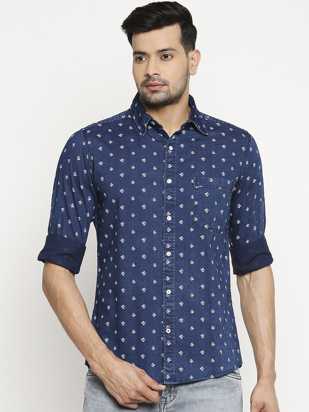 

Mufti Men Blue Slim Fit Printed Casual Pure Cotton Denim Shirt