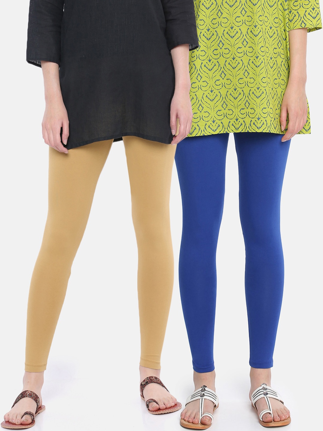 

Dollar Missy Women Pack Of 2 Solid Slim-Fit Ankle-Length Cotton Leggings, Blue