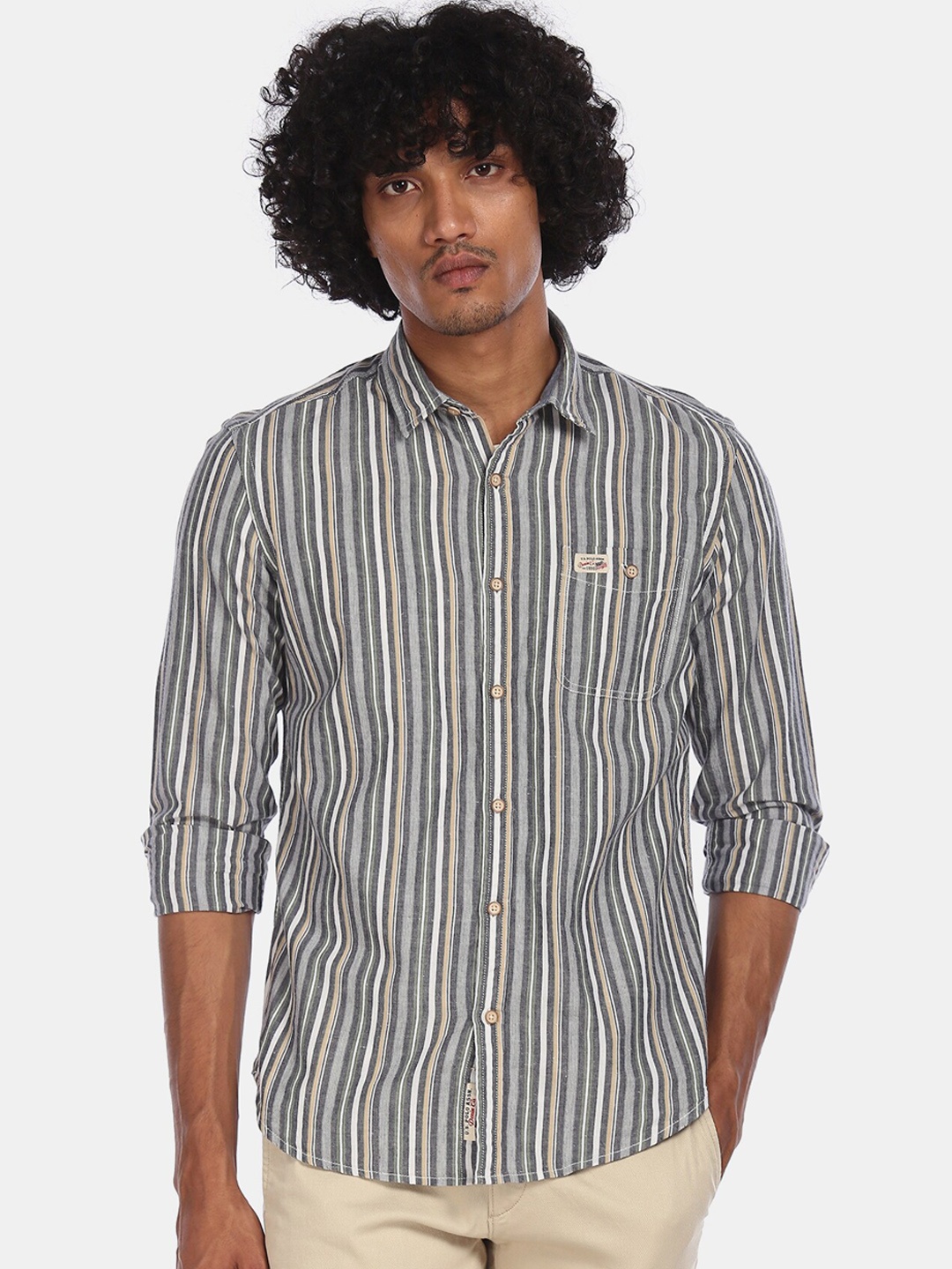 

U.S. Polo Assn. Denim Co. Men Grey Regular Fit Striped Cotton Casual Shirt