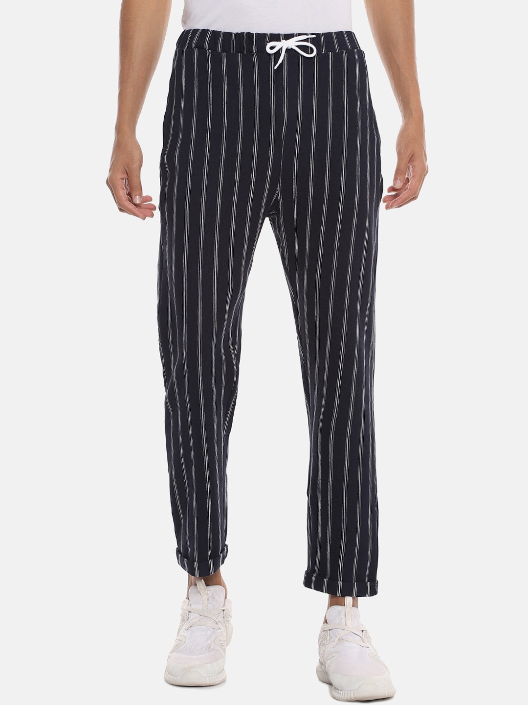 

Campus Sutra Men Navy Blue & White Striped Straight-Fit Cotton Track Pants