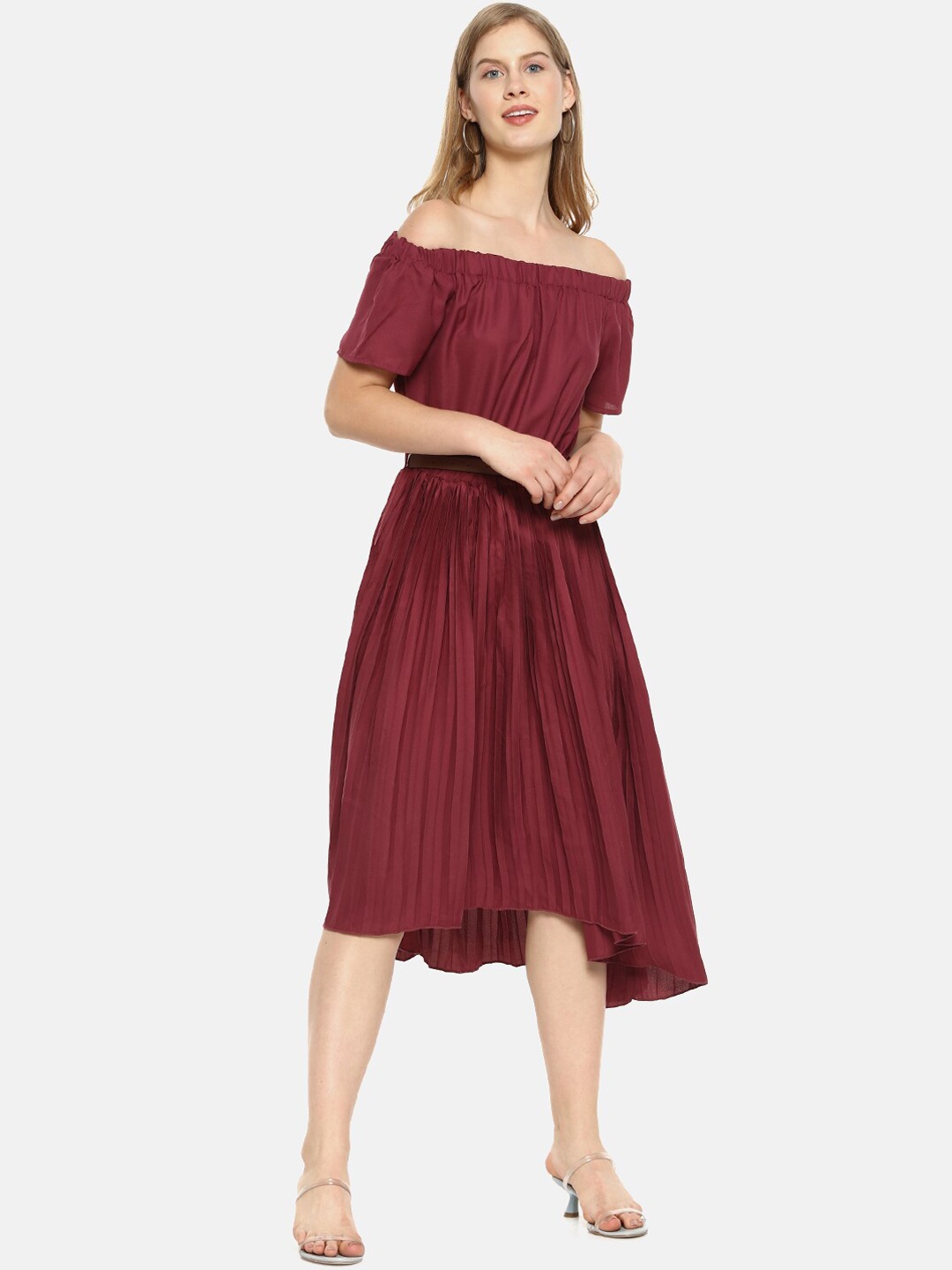 

Campus Sutra Women Maroon Solid Accordion Pleat A-Line Dress