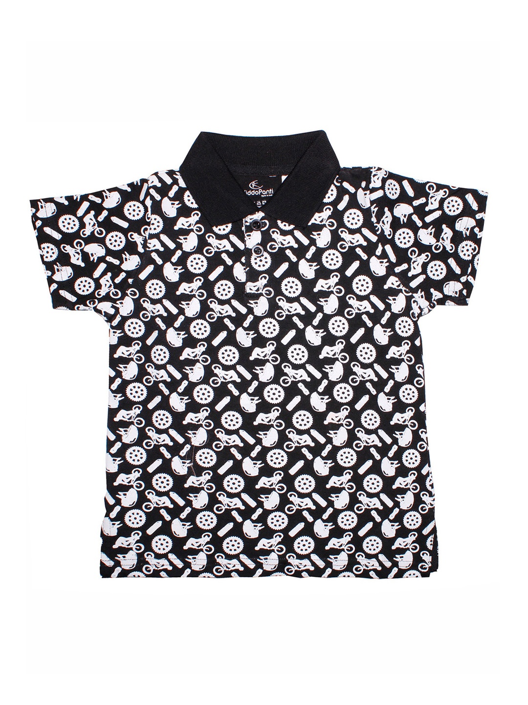

KiddoPanti Boys Black & White Printed Polo Collar T-shirt