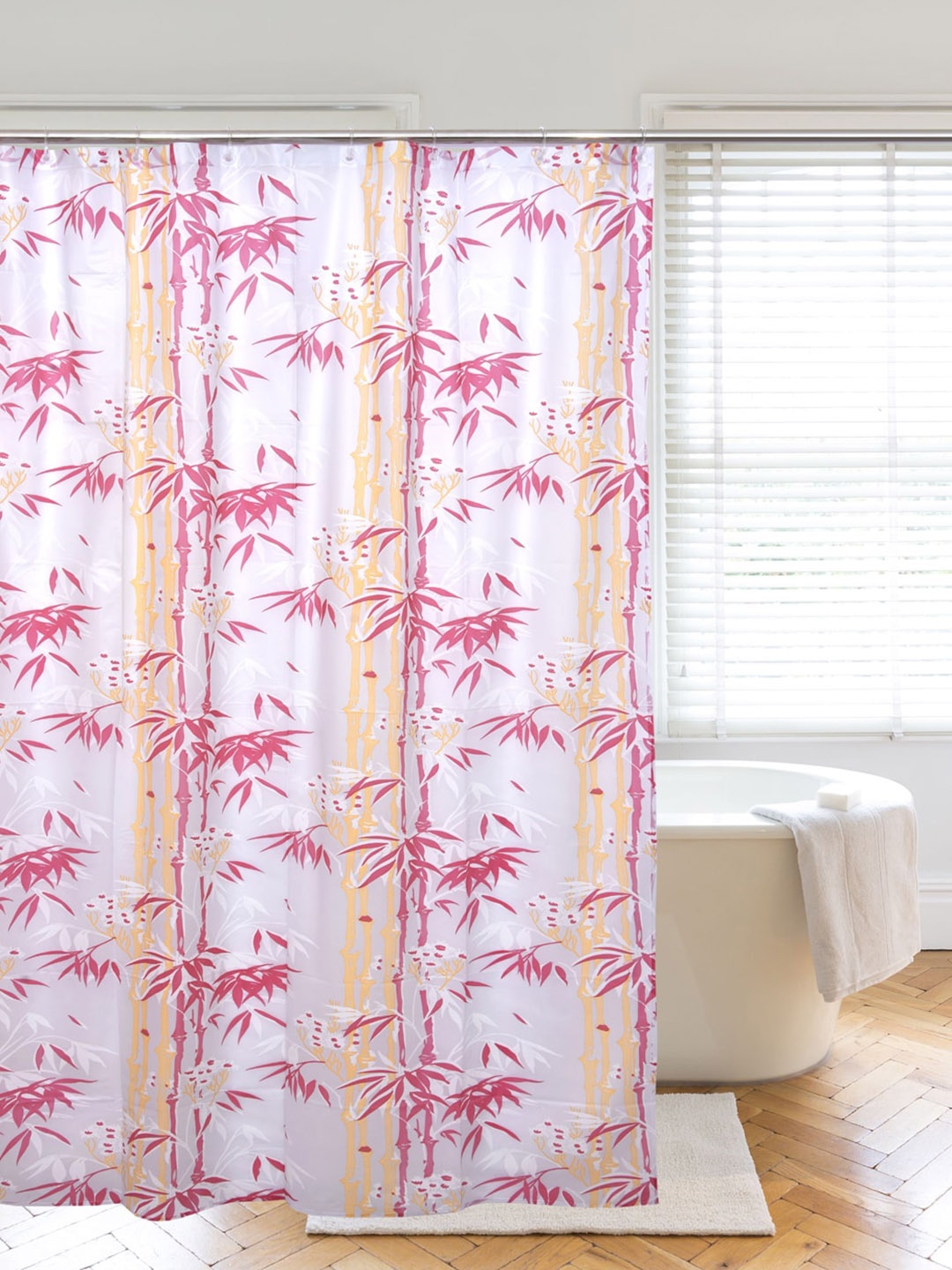 

Clasiko White & Pink Printed Shower Curtains With Hooks