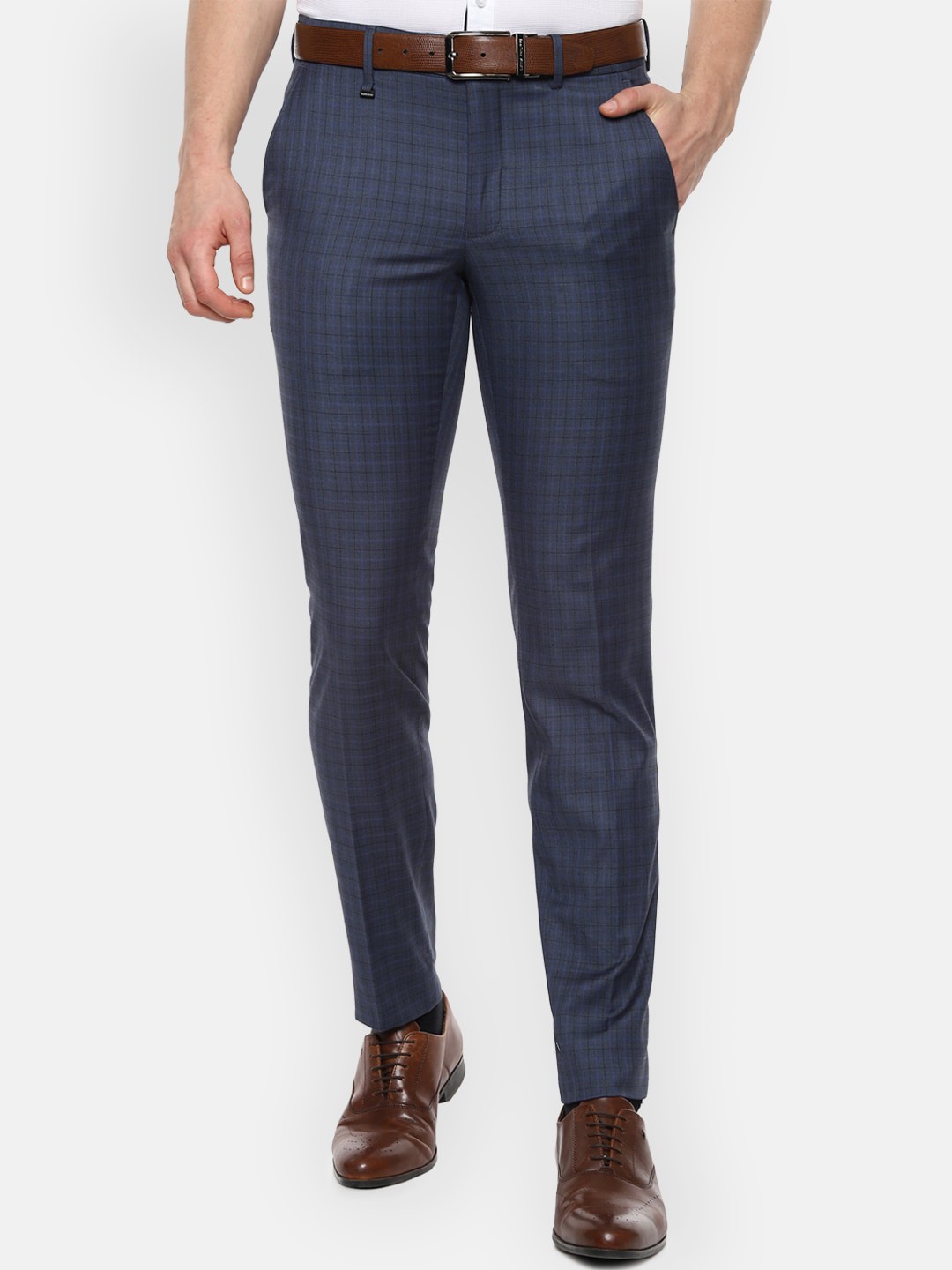

Van Heusen Men Navy Blue Slim Fit Checked Formal Trousers