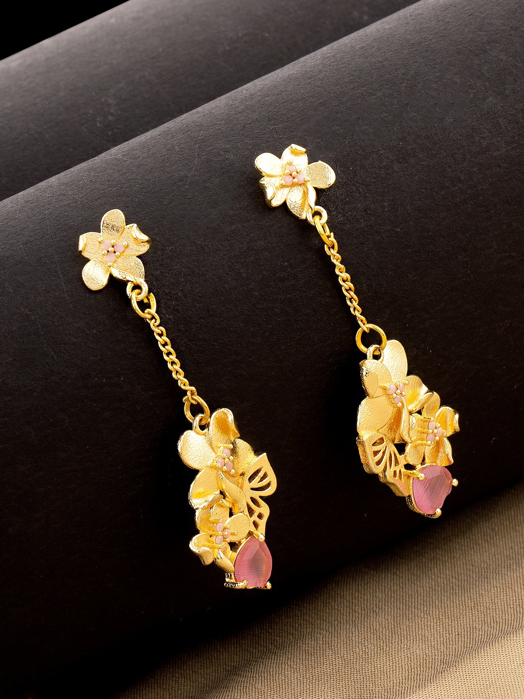 

Voylla Pink Gold-Plated Stone-Studded Floral Drop Earrings
