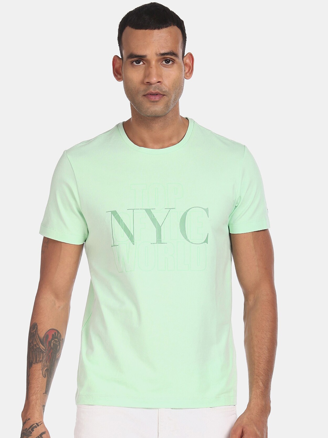 

Arrow New York Men Green Printed Round Neck T-shirt