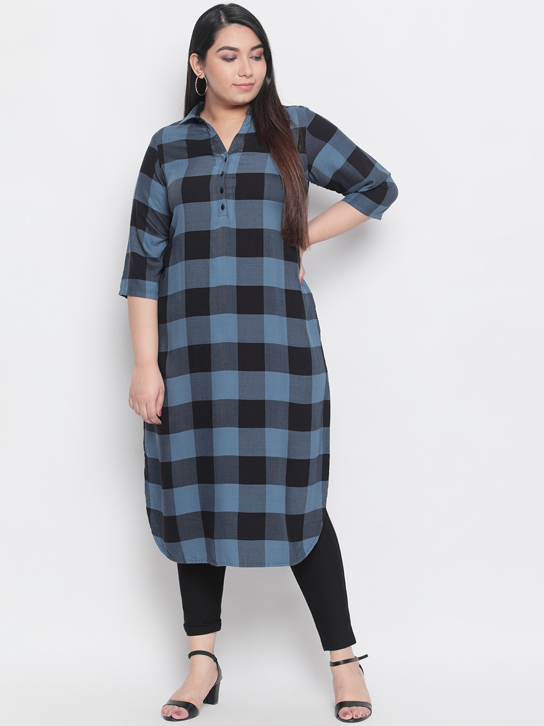 

Amydus Plus Size Women Teal Blue & Black Checked Indigo Kurta