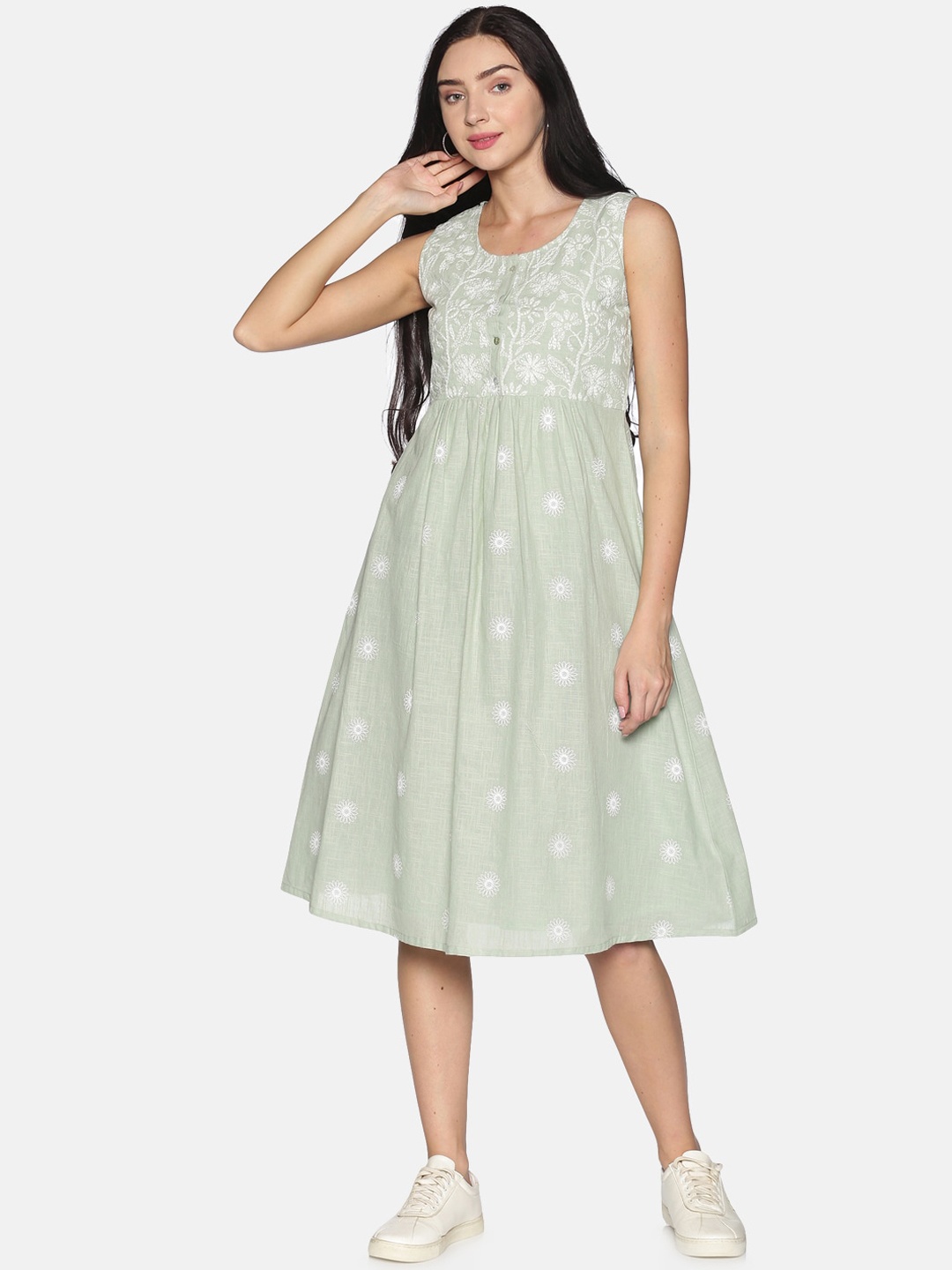 

Saffron Threads Women Green & White Chikankari Fit and Flare Dress