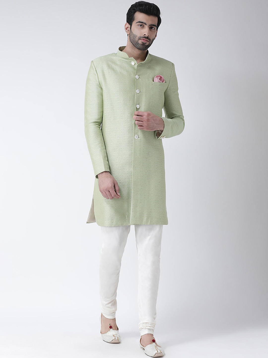 

KISAH Men Green & White Self-Design Sherwani Set
