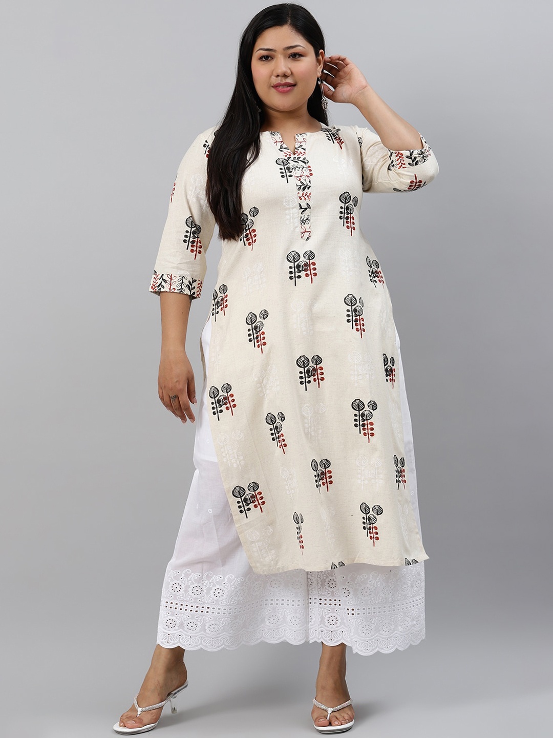 EXTRA LOVE BY LIBAS Women Off White Plus Size Ethnic Motifs Printed Kurta