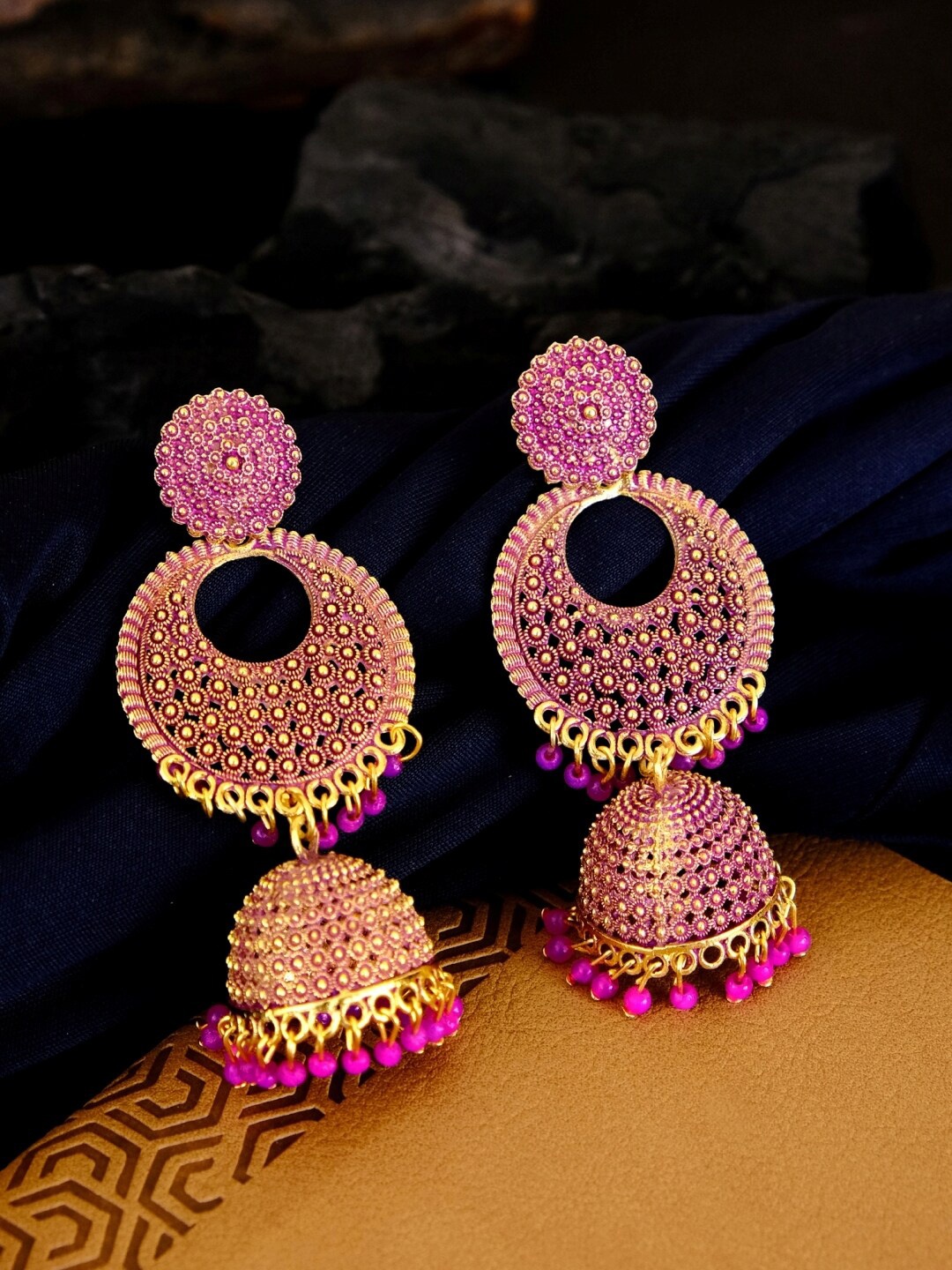 

Crunchy Fashion Gold-Toned & Pink Long Dangler Jhumki Earrings