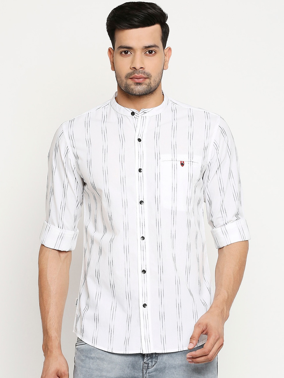 

Mufti Men White & Grey Striped Cotton Slim Fit Casual Shirt