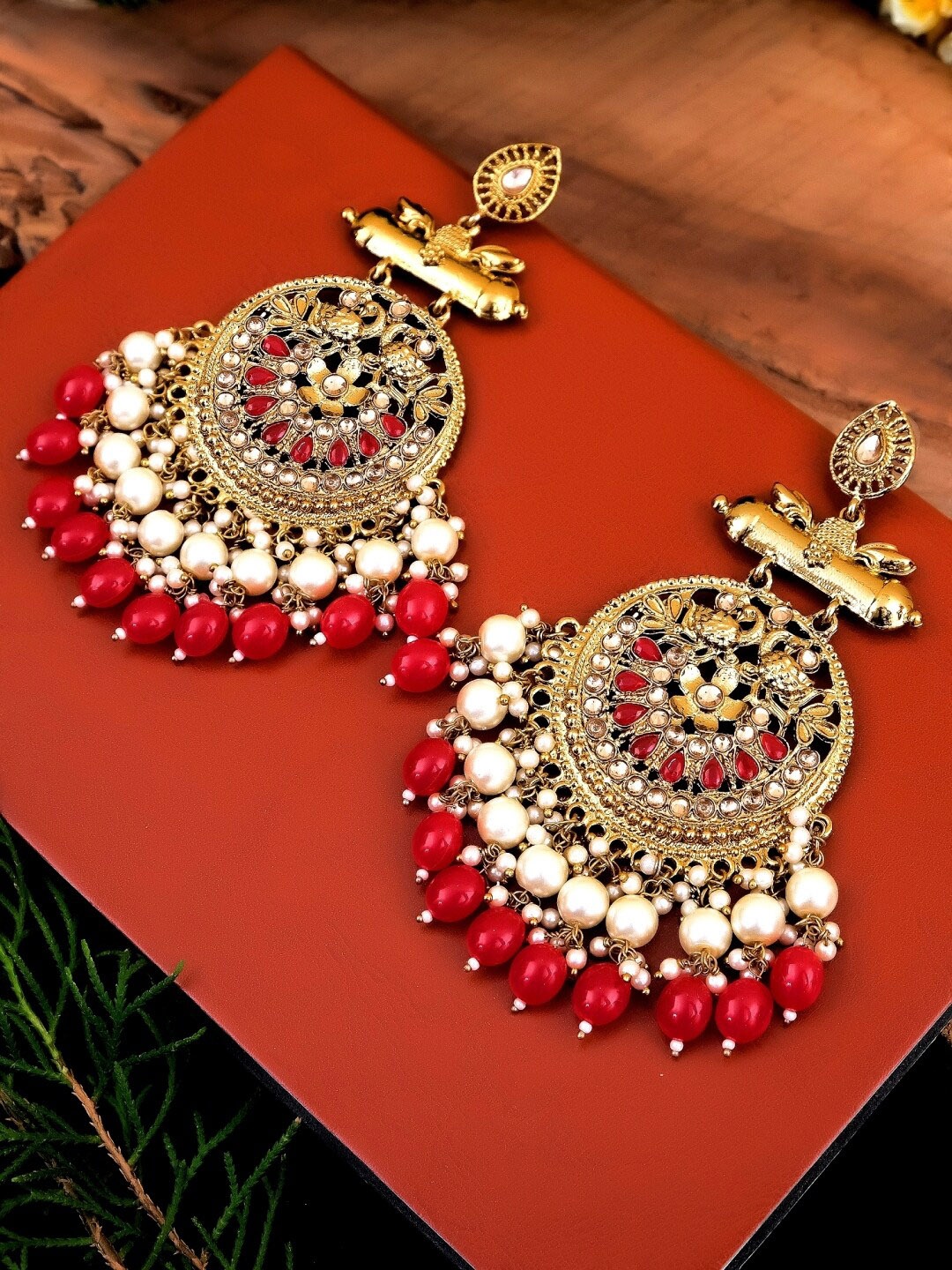 Crunchy Fashion Gold-Plated & Red Stone Studded Circular Drop Earrings