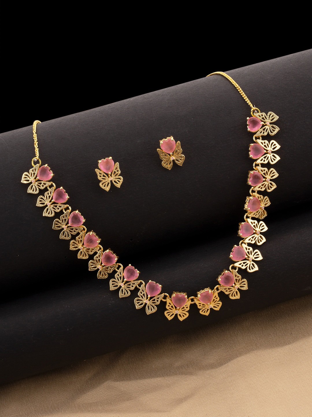 

Voylla Gold-Plated Pink Gem-Studded Butterfly Necklace With Earrings