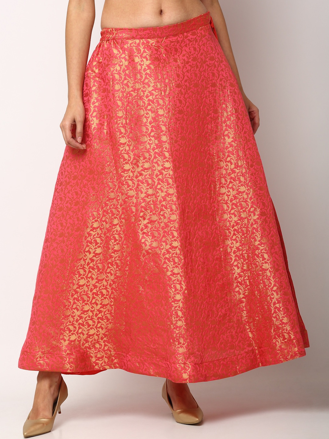 

Miaz Lifestyle Women Peach-Coloured & Gold-Coloured Self-Design Flared Maxi Skirt