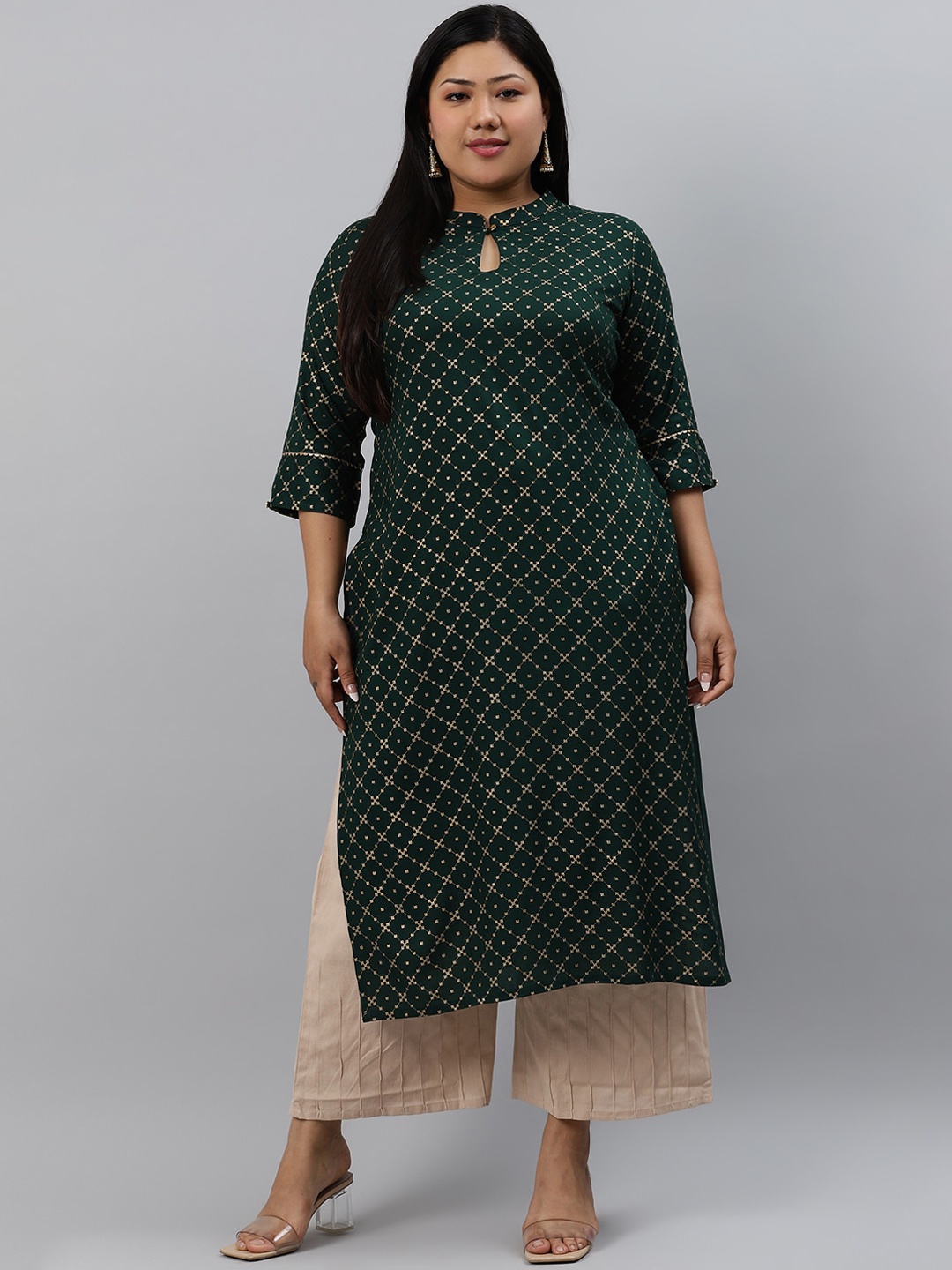 

EXTRA LOVE BY LIBAS Women Plus Size Green Ethnic Motifs Printed Keyhole Neck Kurta