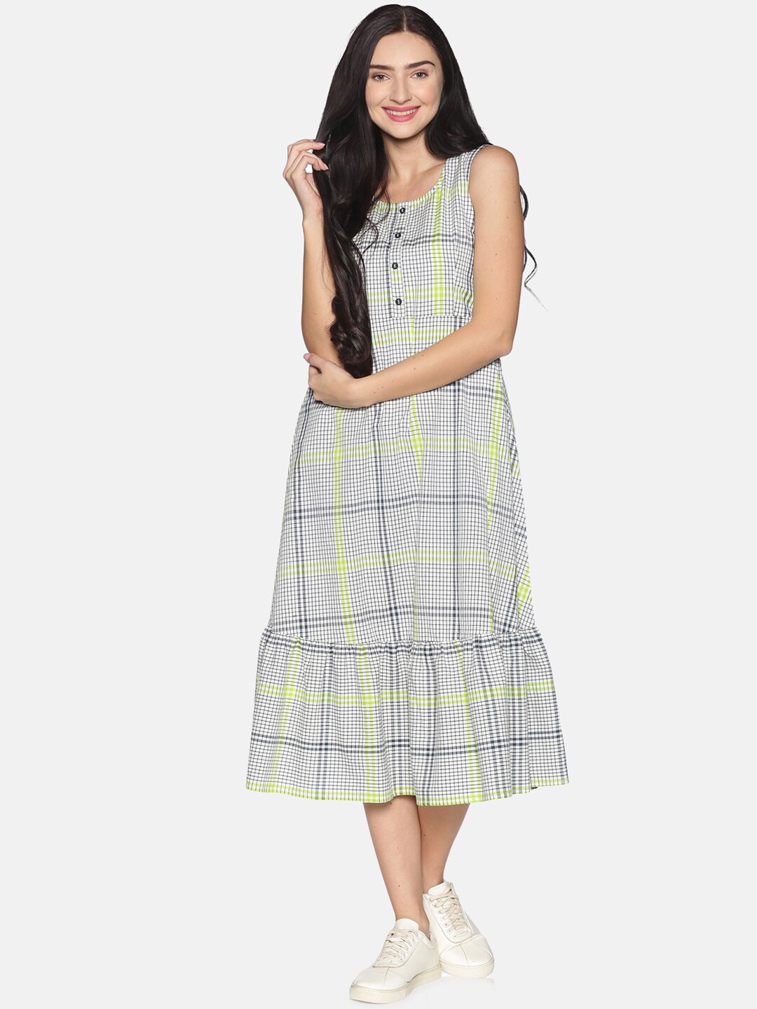 

Saffron Threads Women White Checked A-Line Tiered Dress