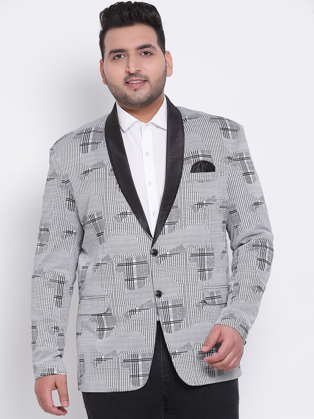 Hangup Men White & Black Self Design Single-Breasted Blazer