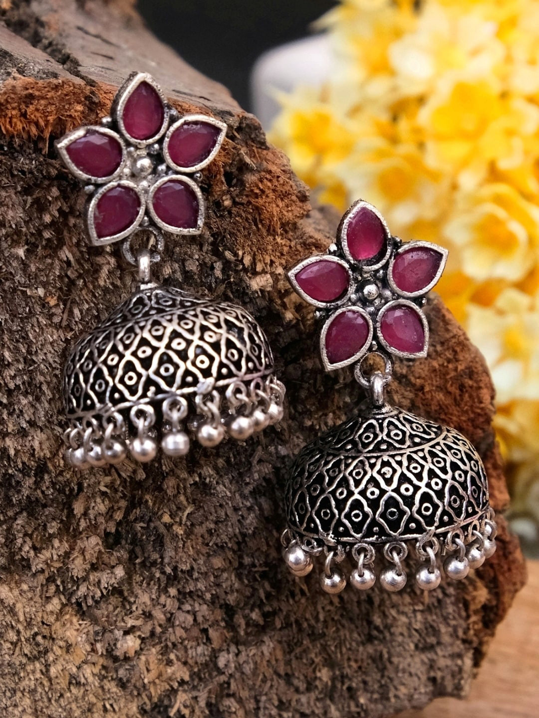 

Crunchy Fashion Pink Silver-Plated Oxidised Studded Dome Shaped Jhumkas