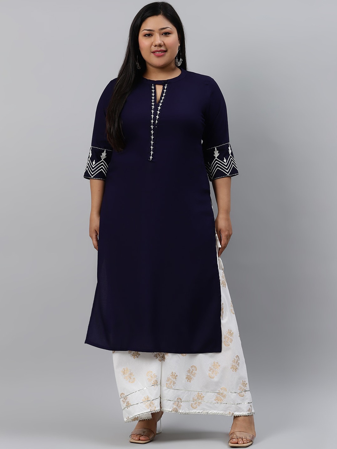 

EXTRA LOVE BY LIBAS Women Plus Size Navy Blue Rayon Embroidered Straight Kurta