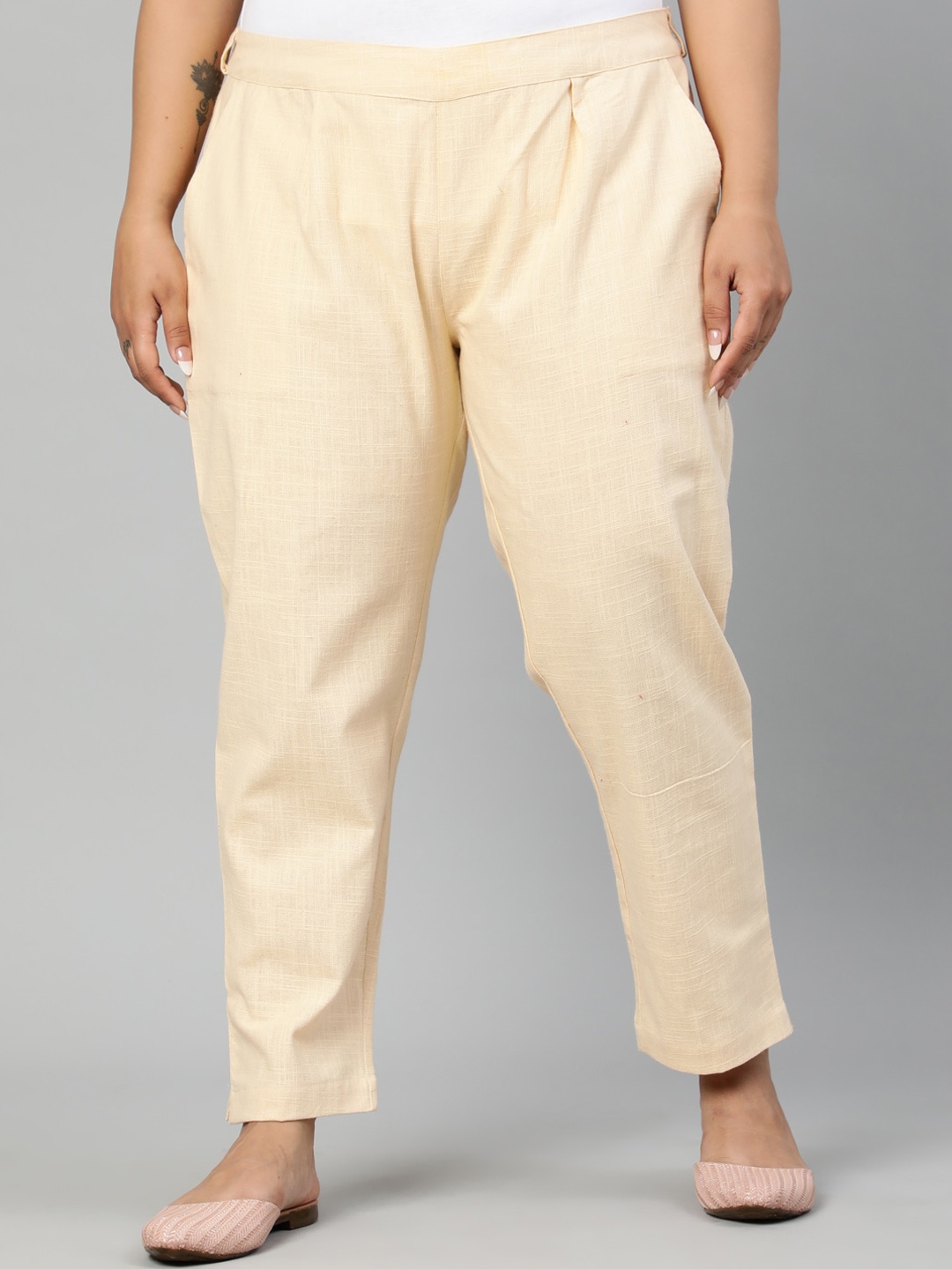 

Jaipur Kurti Women Cream-Coloured Regular Fit Solid Regular Trousers