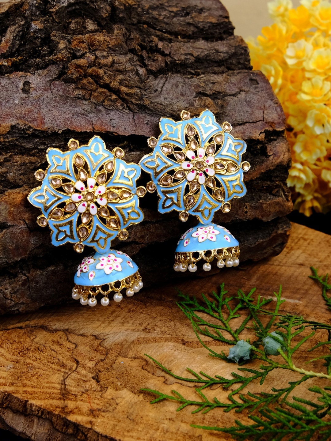 

Crunchy Fashion blue & White Gold-Plated Studded & Beaded Enamelled Jhumkas