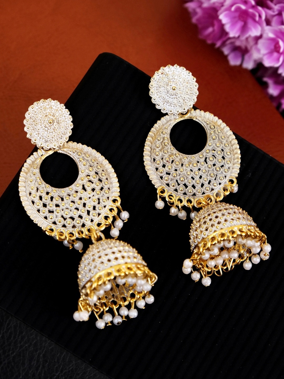 

Crunchy Fashion White & Gold Plated Antique Jhumkas