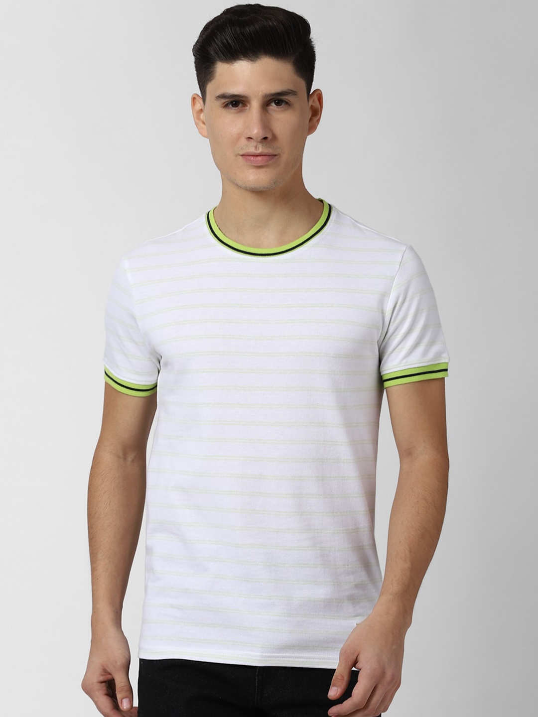 

Peter England Casuals Men White Striped Round Neck T-shirt