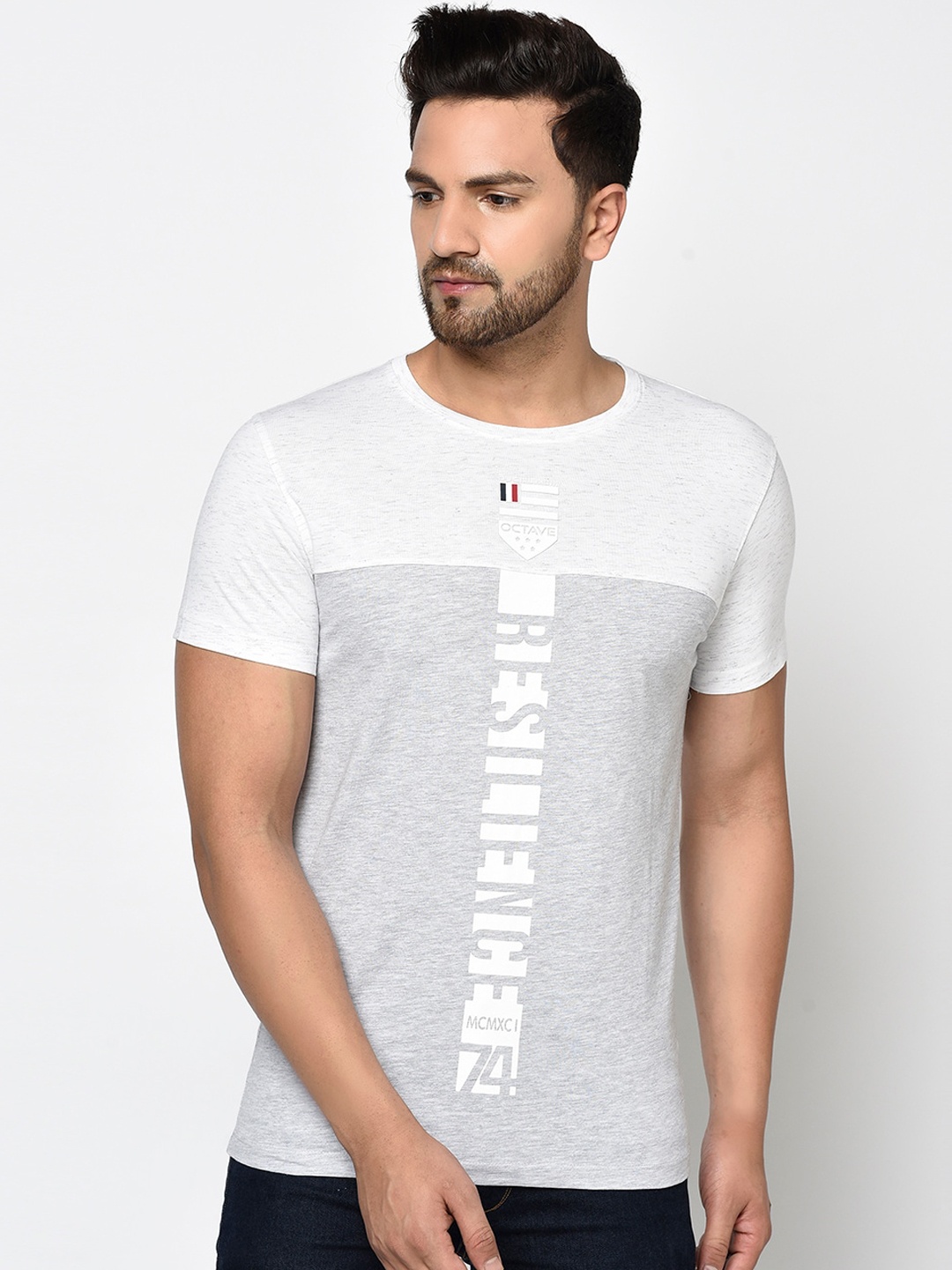 Octave Men Grey Melange White Colourblocked Round Neck Pure Cotton T-shirt