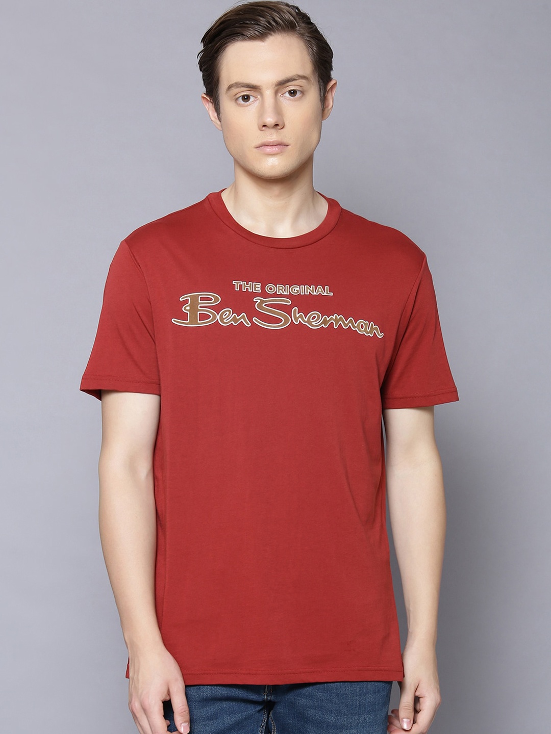 

BEN SHERMAN Men Red Organic Cotton Printed Round Neck Organic Cotton T-shirt