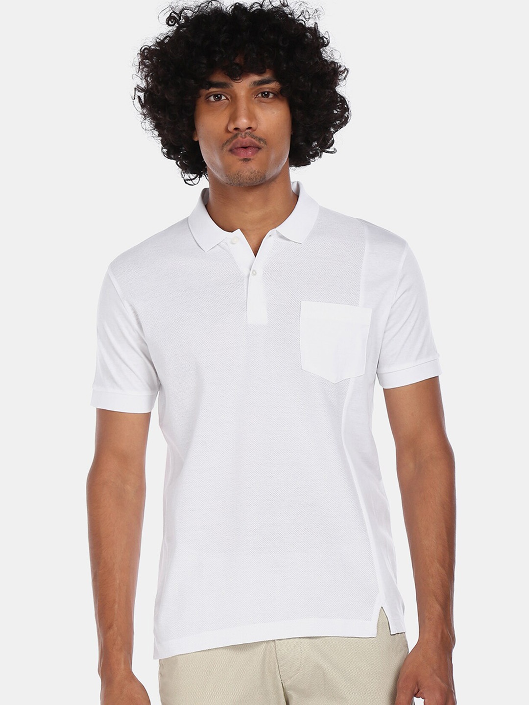 

Arrow New York Men White Solid Patch Pocket Paneled Polo Collar T-shirt
