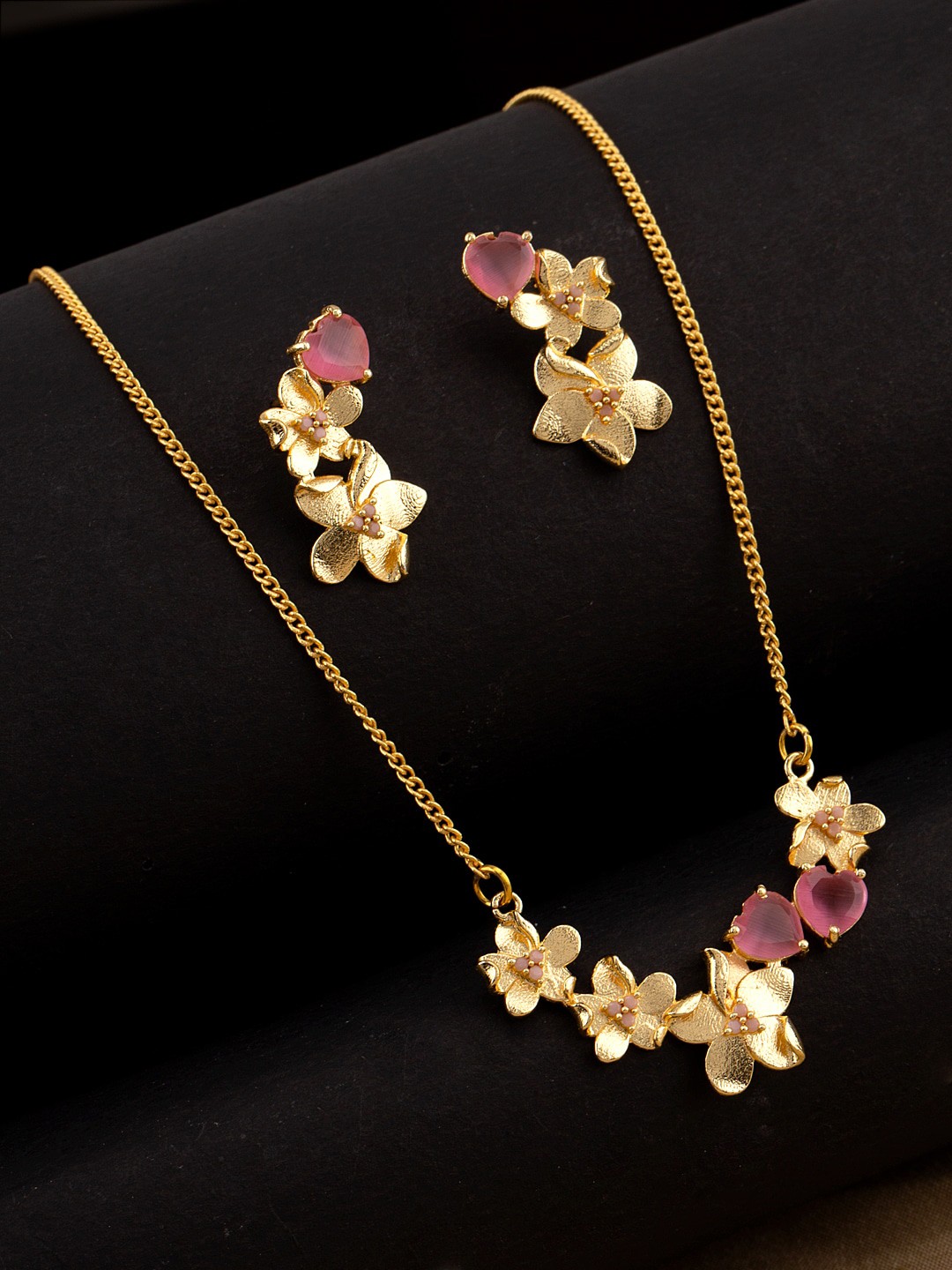 

Voylla Gold-Plated Pink Stone-Studded Love Paradise Floral Butterfly Jewellery Set