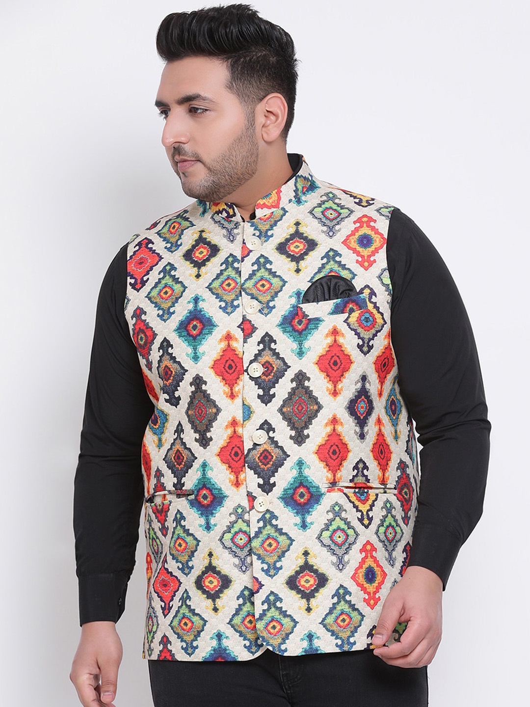 

Hangup Men Multicolored Woven Design Nehru Jacket, Orange