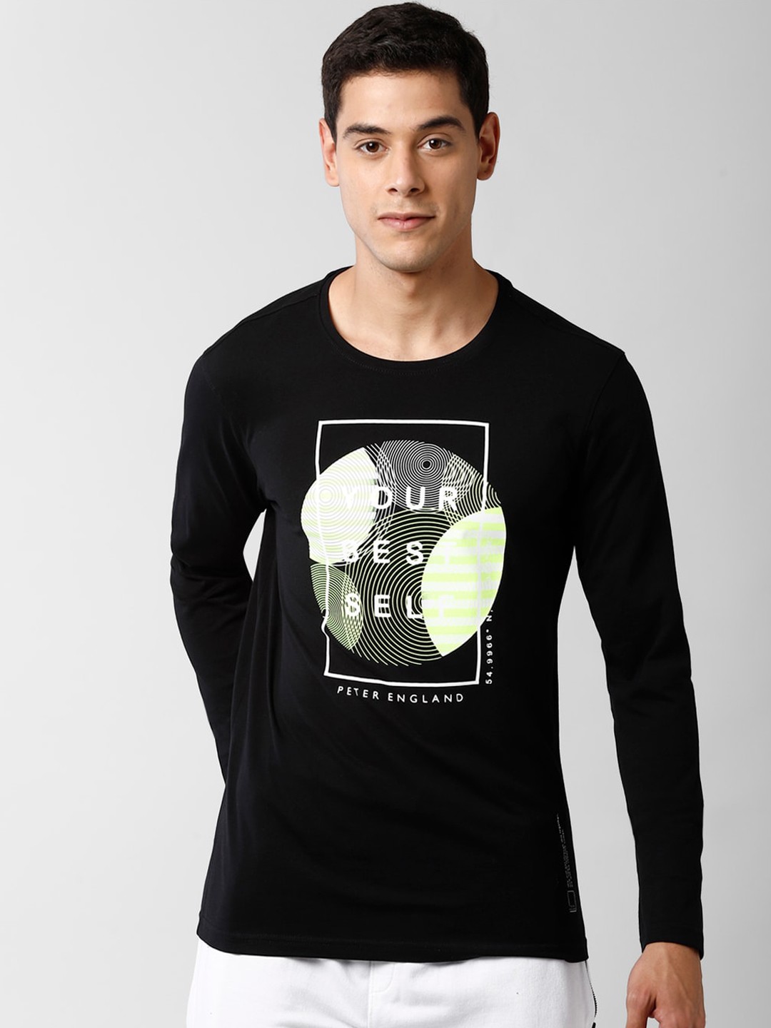 

Peter England Men Black & White Typography Printed Cotton Slim Fit T-shirt