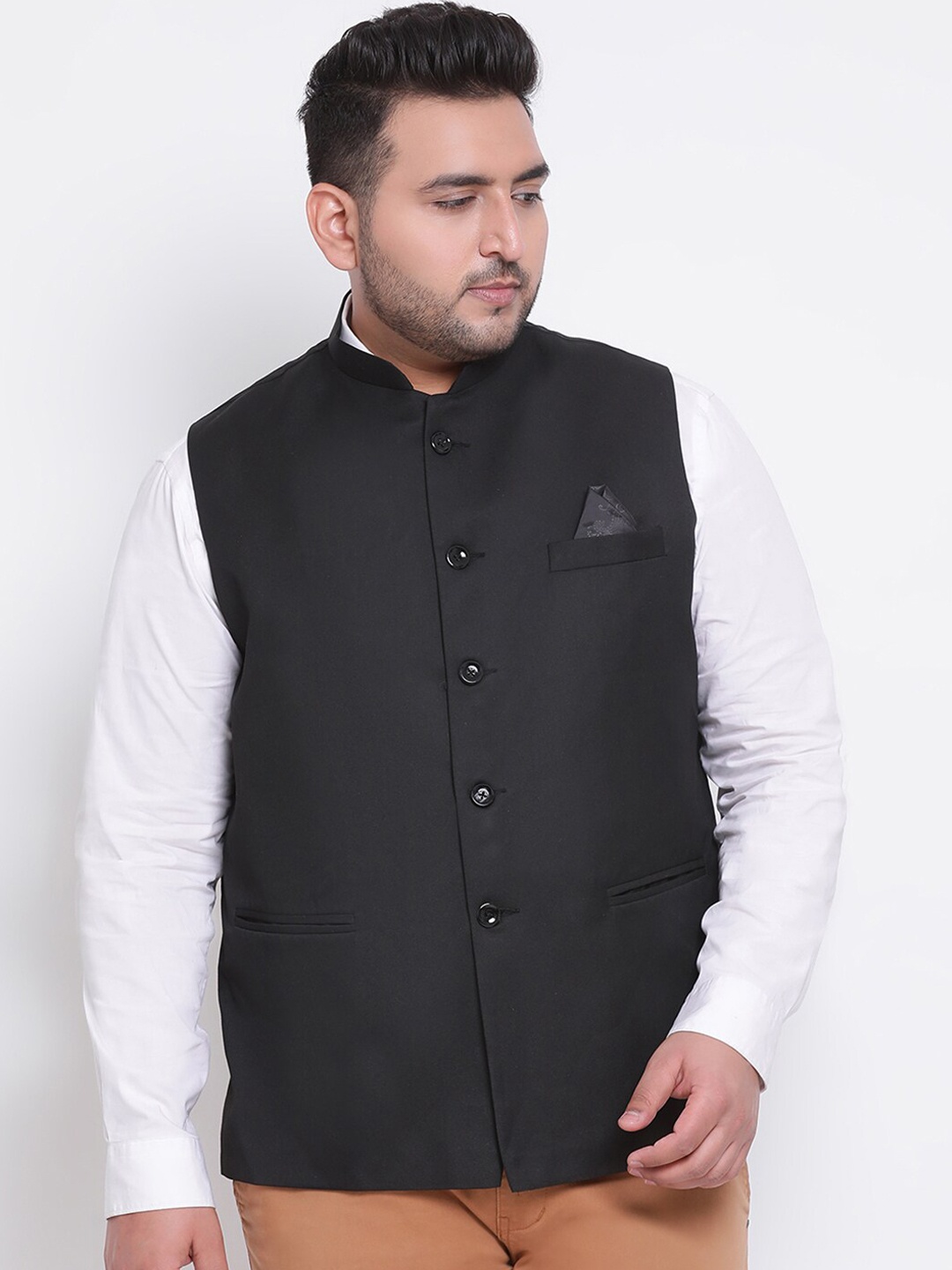 

Hangup Men Black Solid Woven Nehru Jacket