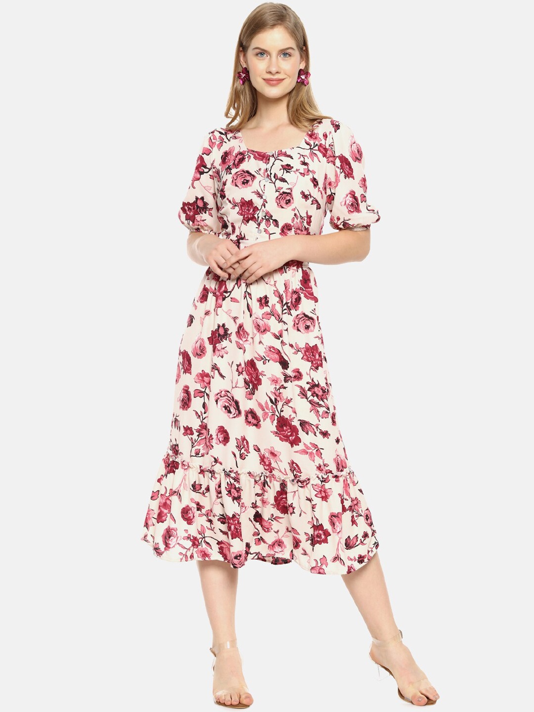 

Campus Sutra Women Off-White & Pink Floral Print Midi A-Line Dress