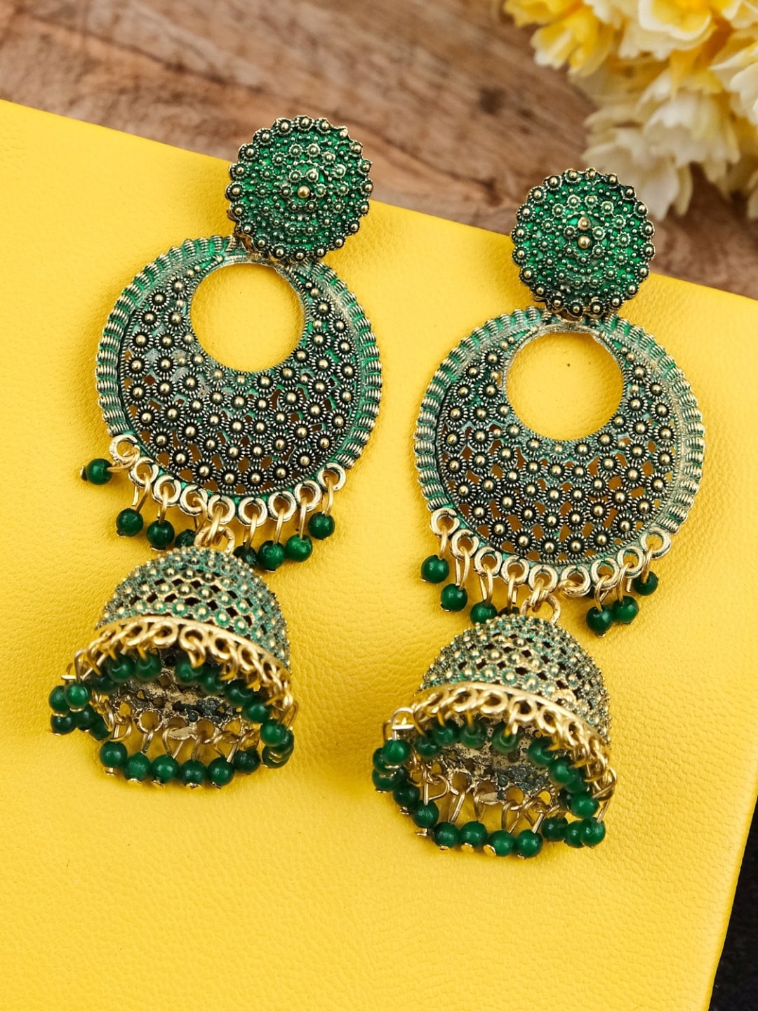

Crunchy Fashion Gold-Toned & Green Long Dangler Jhumki Earrings