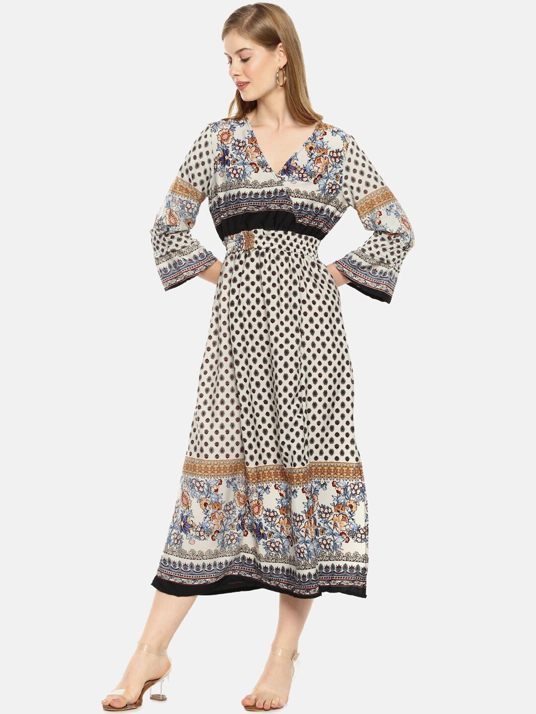 

Campus Sutra Women Off-White & Black Ethnic Printed Wrap Dress