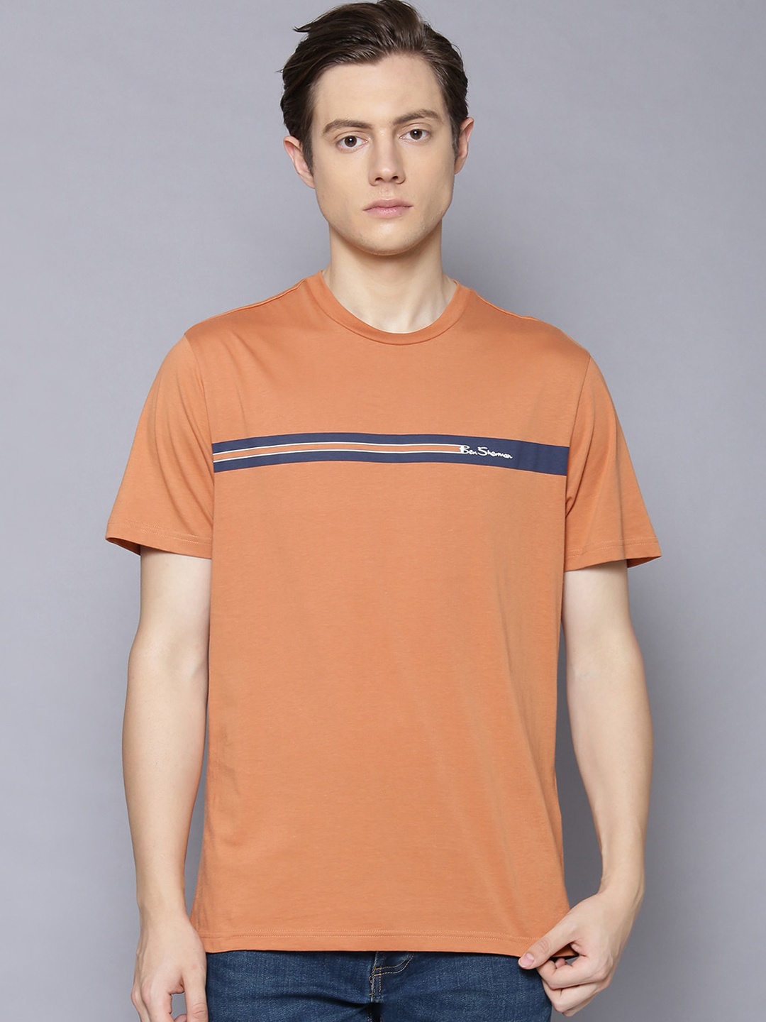 

BEN SHERMAN Men Orange & Blue Striped Cotton Round Neck T-shirt