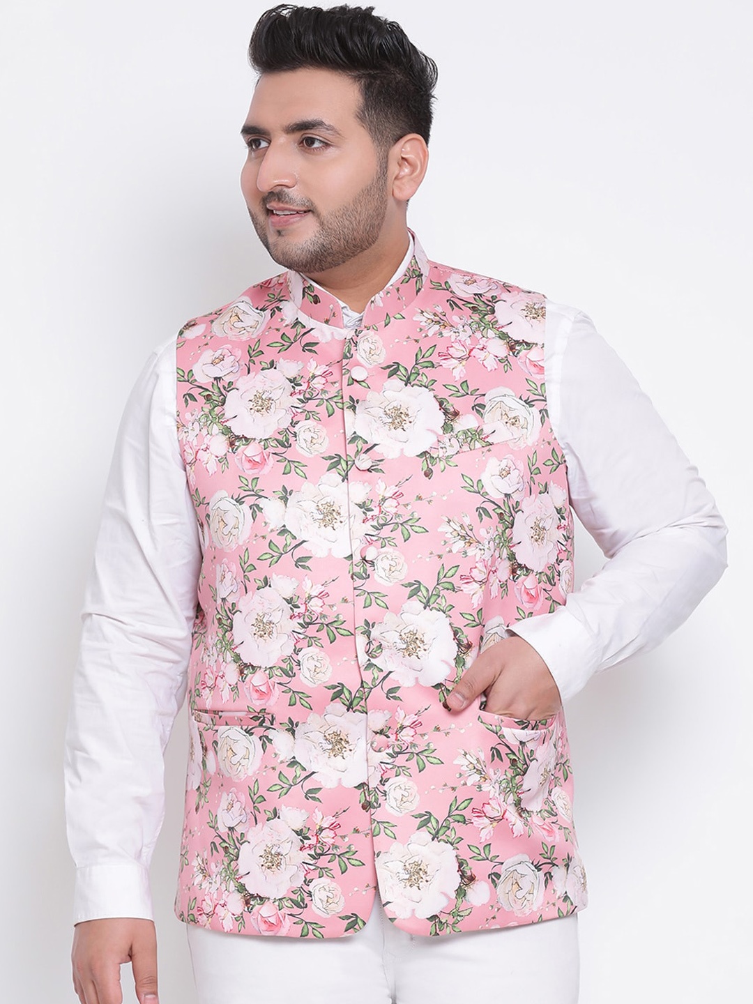 

Hangup Men Pink & White Printed Woven Nehru Jacket