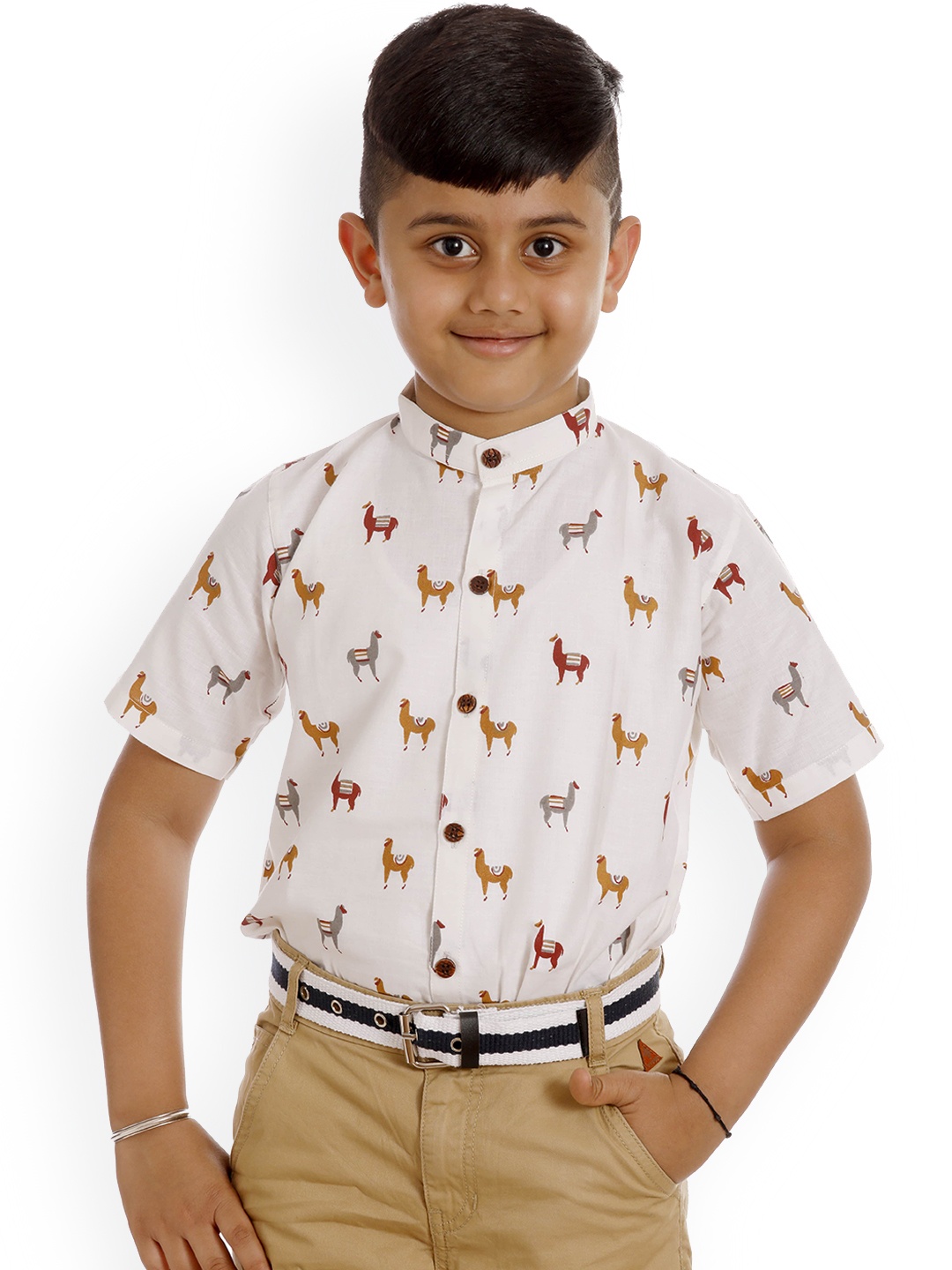 

SOULFULLY INDIAN Boys White & Beige Regular Fit Printed Casual Shirt