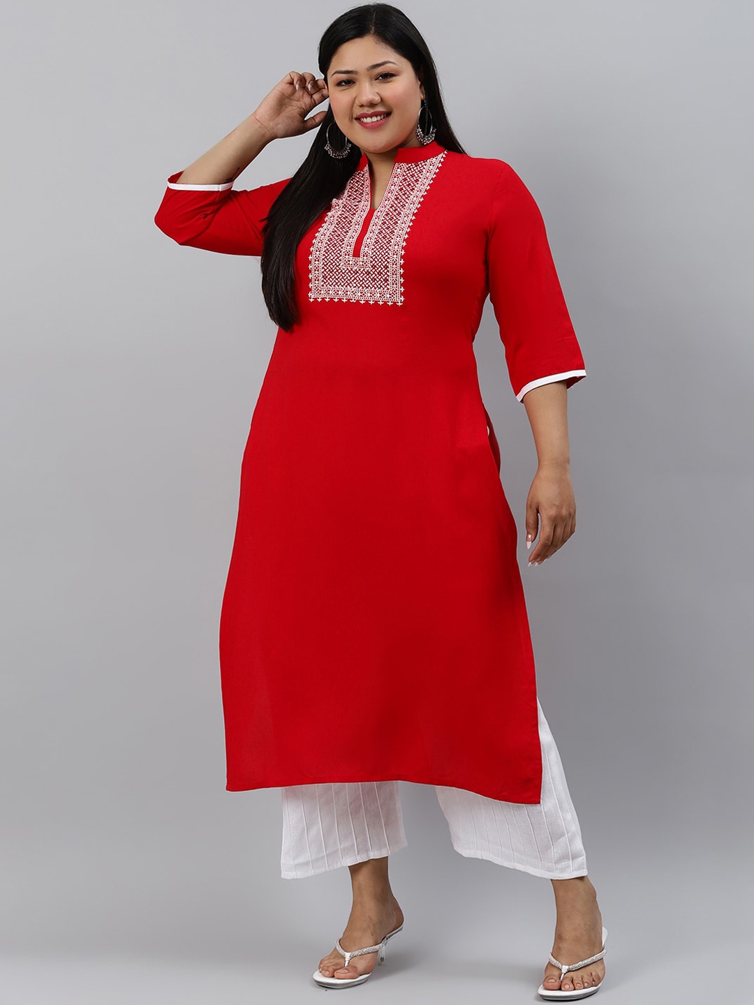 

EXTRA LOVE BY LIBAS Women Red Plus Size Ethnic Motifs Yoke Design Kurta